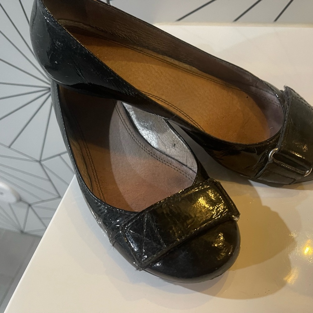 Gianni Bini Black Patent Loafers with Front Strap Detail